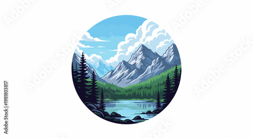 Pixelated circular landscape with serene lake, pine trees, and majestic mountains