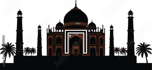 Taj Mahal silhouette from Agra India with palm trees isolated on white background for Indian travel tourism and architectural design.
