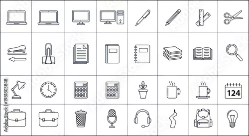 Office Supplies Icons: Laptop, Computer, Pen, Scissors, Calculator, Lamp, Mug, Calendar