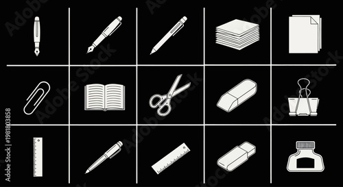Office Supplies Icons: Pens, Paper, Scissors, Erasers, Rulers, Inkwell, Clip