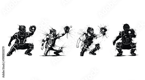 Set of four artistic baseball catcher silhouettes in dynamic crouching poses with gear and mitt in ink sketch style