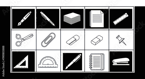 Office Supplies Icons: Pens, Scissors, Ruler, Paper, Stapler, Eraser, Thumbtack