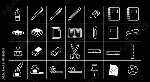 Office Supplies Icons Set: Writing Tools, Stationery, Paper, and More - White Line Art on Black
