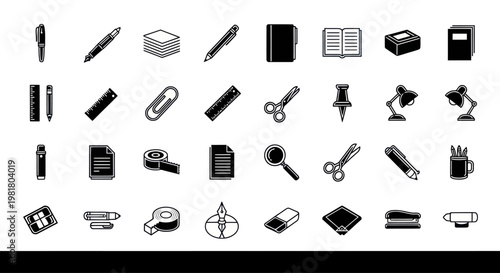 Office Supplies Icons Set: Stationery, Writing Tools, Paper Clips, Desk Lamp, Magnifying Glass