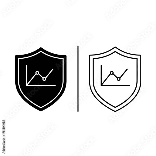 Growth chart shield icon set in solid and outline style with security analytics business progress