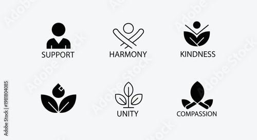Positive Concepts Icons: Support, Harmony, Kindness, Unity, Compassion, Wellness