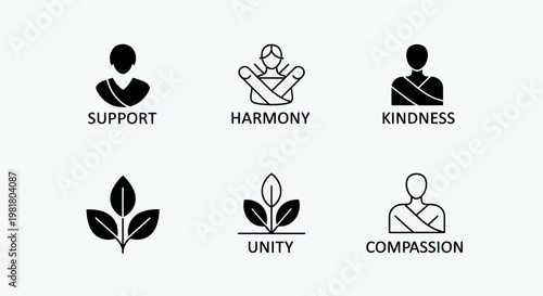 Positive Concepts Icons: Support, Harmony, Kindness, Unity, Compassion, Growth