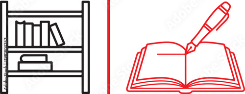 Bookshelf and open book with fountain pen vector line art icons for education library and writing concepts