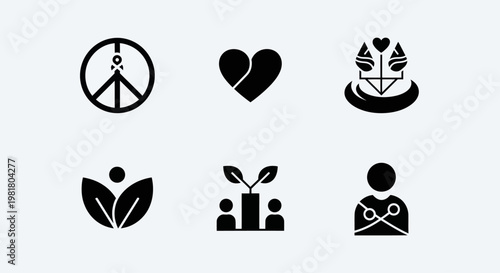 Set of 6 diverse icons representing peace, love, justice, growth, community, and care