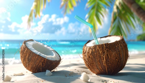 Tropical beach escape - Refreshing coconut drink on a sunny shore.