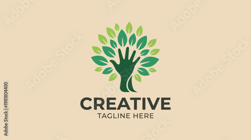 This image depicts a hand forming the trunk of a tree, surrounded by lush green leaves, representing unity with nature and the importance of environmental sustainability.