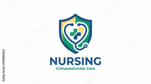 This logo design represents compassionate nursing care, featuring a shield, stethoscope, and cross symbolizing health and support for patients, showcasing professionalism.