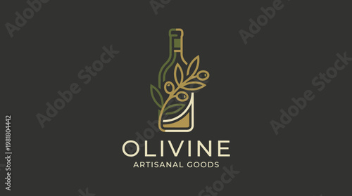 A sophisticated logo design featuring a wine bottle and olive motifs, reflecting luxury and artisanal quality, ideal for gourmet businesses and upscale product branding.