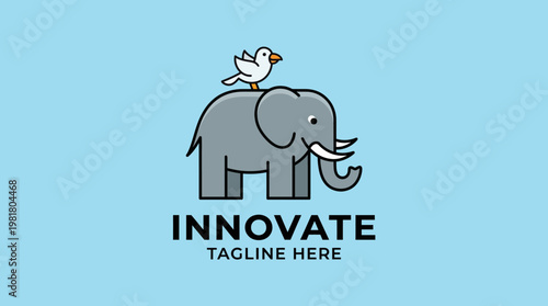 A playful and unique logo design featuring an elephant with a bird perched on its back, symbolizing innovation and teamwork in a charming, friendly manner.