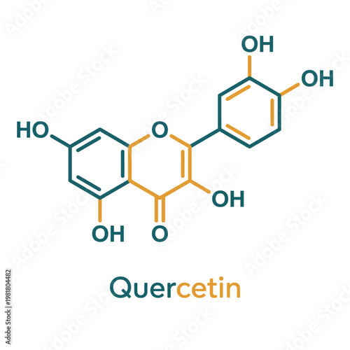 The chemical structure of quercetin is depicted clearly, showcasing its importance in nutrition and health, emphasizing its antioxidant properties along with scientific elegance.
