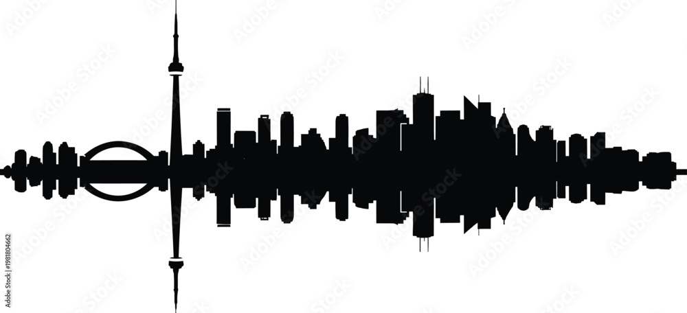 Obraz premium Toronto city skyline vector silhouette with CN Tower reflection, iconic Canadian urban landscape illustration isolated on white background, modern, travel.