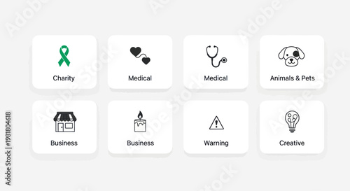 Set of 8 flat icons: charity, medical, pets, business, warning, creative
