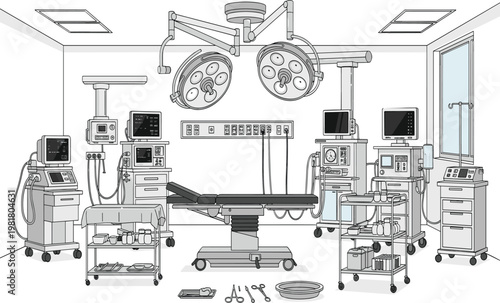 Empty modern hospital operating room interior with surgical equipment vector illustration isolated on white