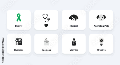Set of 8 Flat Icons for Business, Charity, Medical, Pets, Creative Ideas
