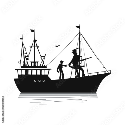 Commercial fishing boat with fishermen working on deck silhouette set black silhouette vector silhouette isolated on white silhouette collection icon set vector icons minimal design