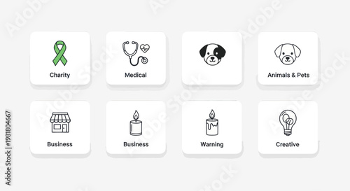 Set of 8 hand-drawn icons: Charity, Medical, Pets, Business, Warning, Creative