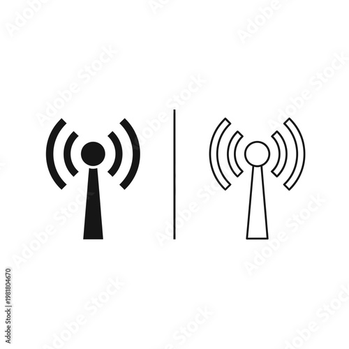 Telecommunication signal transmitter antenna tower icon set with transmitter broadcast wireless