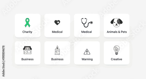 Set of 8 flat icons representing charity, medical, business, pets, warning, and creative ideas