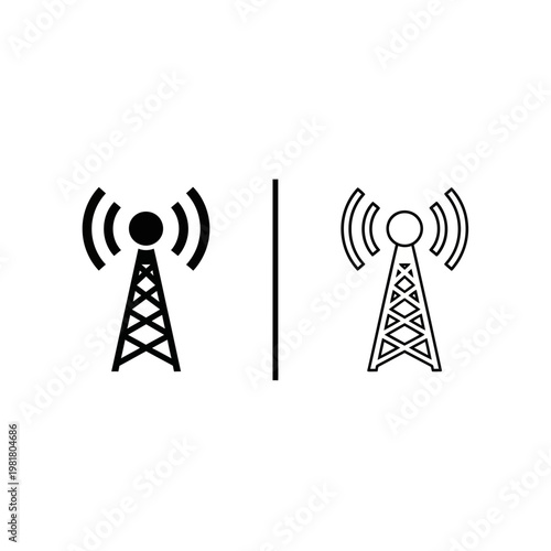 Radio telecommunication mast signal icon set with broadcast communication transmission wireless
