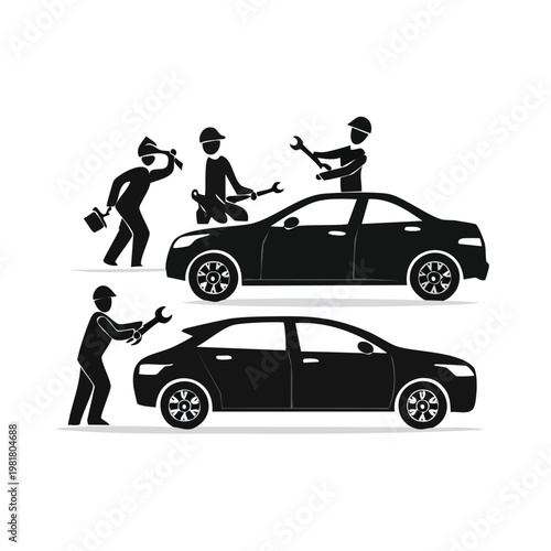 Set of mechanics performing various car repair tasks silhouette with black silhouette vector silhouette isolated on white silhouette collection icon set vector icons minimal design clipart silh
