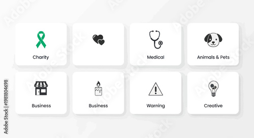 Set of 8 icons: charity, hearts, medical, pets, business, candle, warning, creative