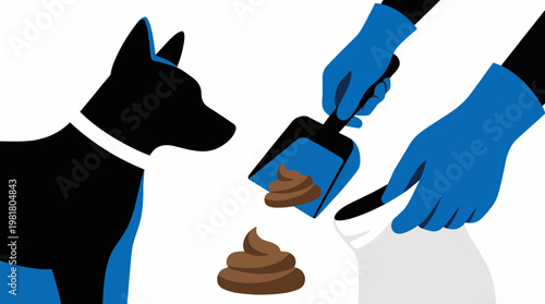 A hand in blue gloves uses a scooper to pick up dog poop beside a black dog. This image symbolizes responsible pet ownership and cleanliness in public spaces.