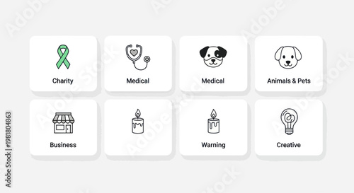 Set of 8 Simple Icons: Charity, Medical, Business, Pets, Warning, Creative