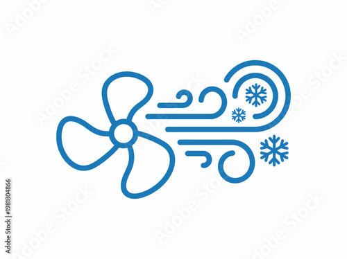 This image features a fan blowing cool air with swirling wind and snowflakes, representing the concept of cooling, comfort, and refreshing air circulation for various uses.