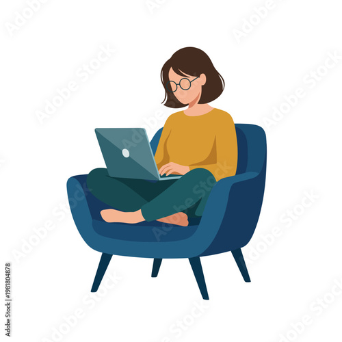 This illustration portrays a woman sitting in a comfortable chair, absorbed in her laptop work, emphasizing remote work, relaxation, and modern lifestyle.