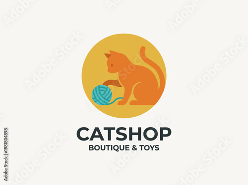 The image showcases a vibrant stylized cat playing with a yarn ball, emphasizing warmth and playful energy in a cozy setting designed for cat lovers and boutique branding.