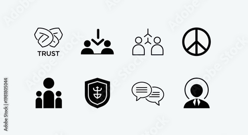 Set of Business and Social Icons: Trust, Teamwork, Peace, Security, Communication