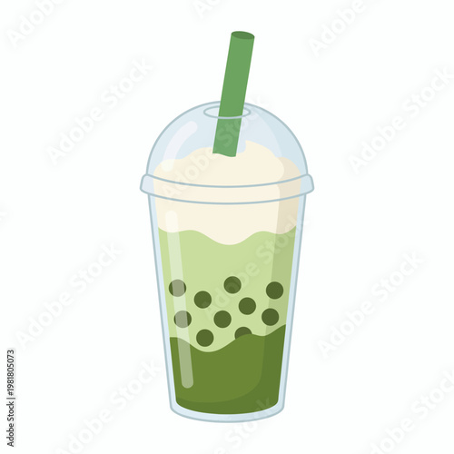 A visually appealing illustration of a matcha drink in a clear cup, showcasing layered creamy textures and tapioca pearls, perfect for tempting beverage lovers.