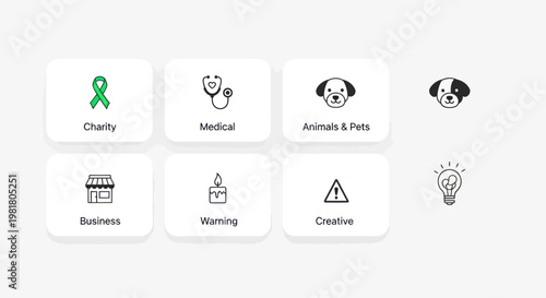 Set of diverse icons for web and app design: Charity, Medical, Pets, Business, Warning, Idea