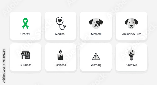 Set of diverse icons representing charity, medical, business, animals, warning, and creativity concepts.