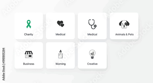 Set of flat icons for business, charity, medical, pets, creative, and warning