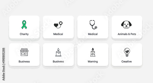 Set of flat icons: charity, medical, business, animals, creative, warning