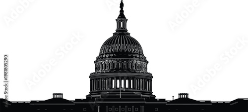 United States Capitol building dome black silhouette illustration, Washington DC government landmark, American political symbol, federal architecture isolated on white background.