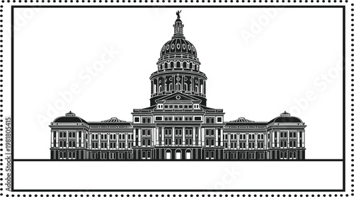 United States Capitol Building Silhouette Vector Illustration Featuring Government Architecture, Neoclassical Dome, Political Landmark Symbol, and Decorative Border Frame Design, Isolated