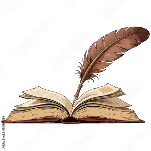 An open old book with a feather quill sits isolated on a white paper page, representing a classic piece of literature and wisdom found in a library for education and study.