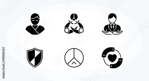 Set of Icons: Business, Peace, Security, and Care Concepts