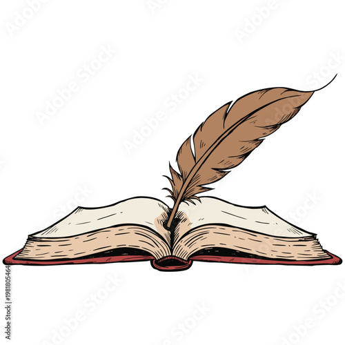 An isolated old book and feather lie open on white paper pages, representing a classic object of literature and wisdom for library education and reading.