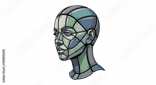 Robotic head in profile, made of metallic plates