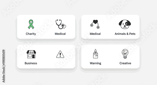 Set of Icons: Charity, Medical, Animals, Business, Warning, Creative Ideas