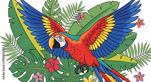 Vibrant macaw parrot spreads colorful wings in lush tropical jungle foliage with exotic flowers