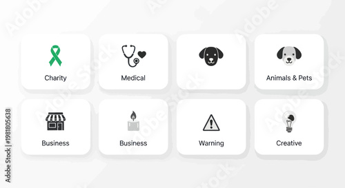 Set of Icons: Charity, Medical, Animals, Business, Warning, Creative, Candle